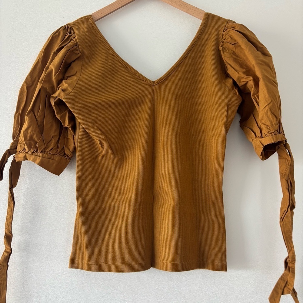 Maeve Anthropologie Meadow Rue  Mustard Ribbon Tied Puff-Sleeved V Neck Blouse S - Picture 8 of 9